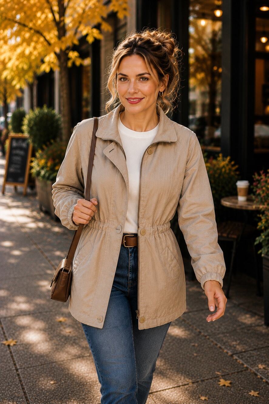 London Fog Women’s XS Petite Beige Lightweight Jacket Cinch Waist Lined Classi